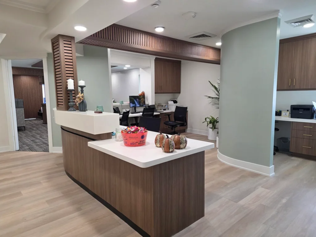 Reception counter with the office work area behind it