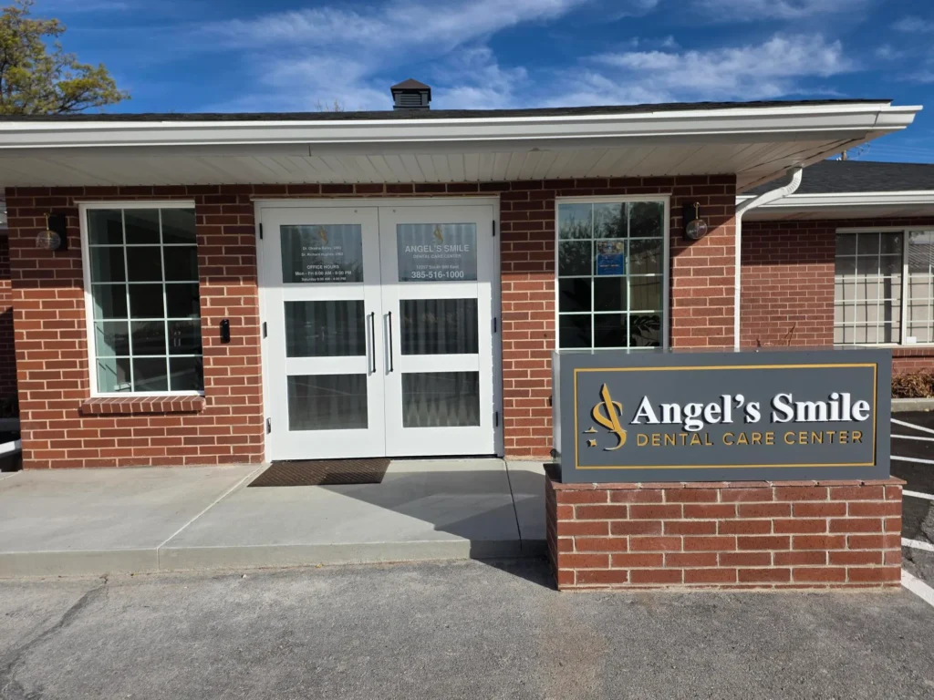Angel's Smile Dental Care Center building in Draper, Utah, with the office sign out front